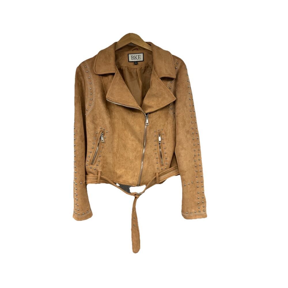 BKE Faux Suede Tan Camel Brown Motorcycle Jacket Studded Boho Womens Large